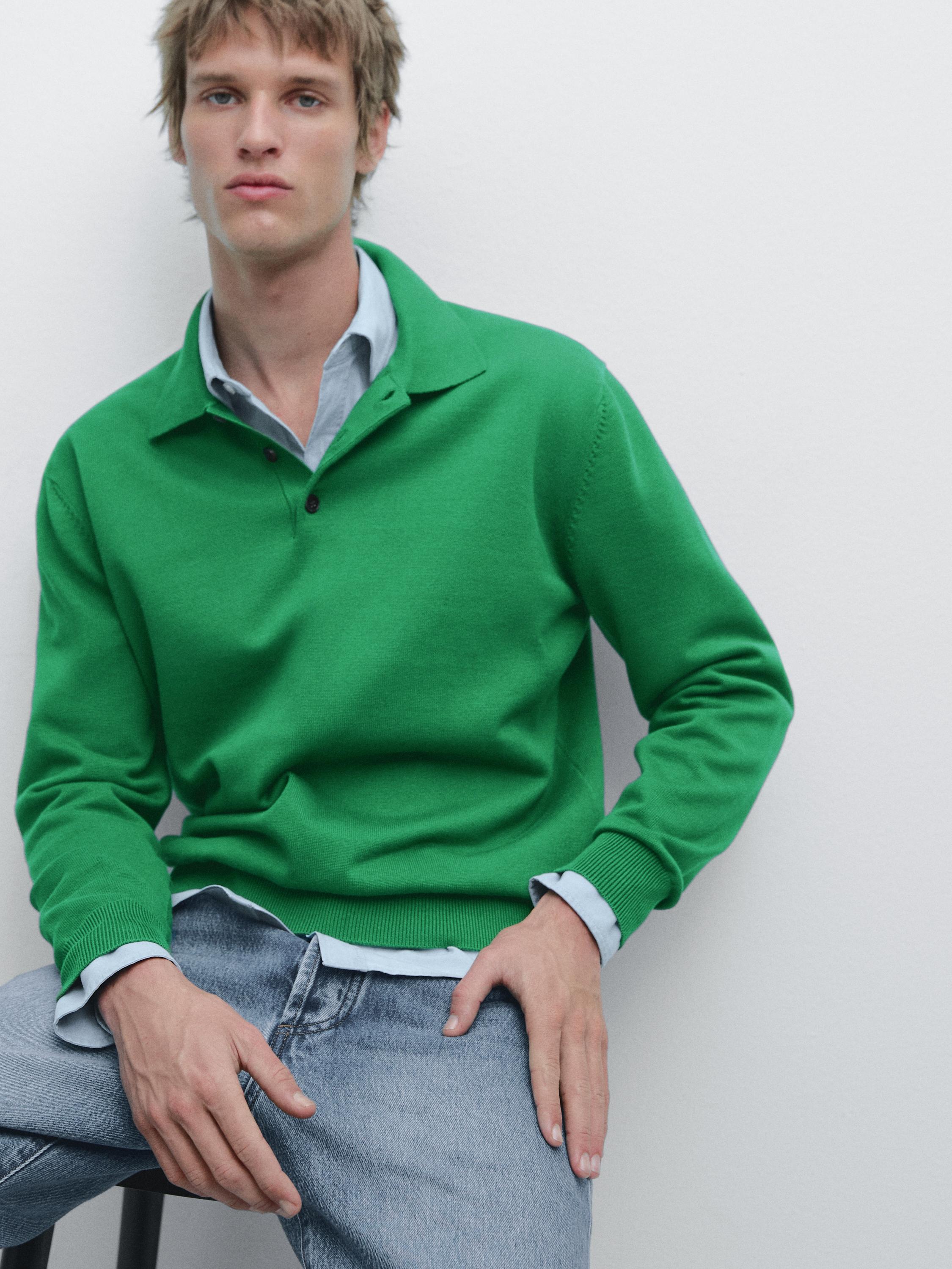 Cotton knit polo collar sweater